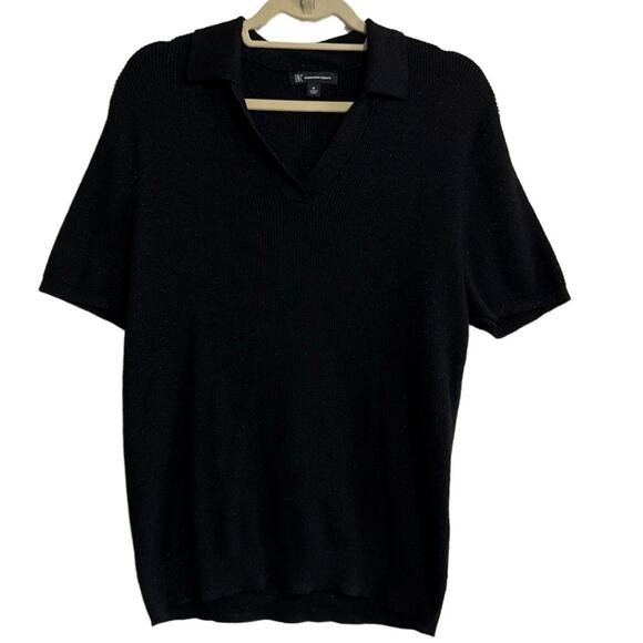 INC International Concepts Knit Polo Shirt Womens M Black Collared V-Neck Ribbed - Picture 1 of 5